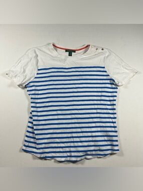 Ralph Lauren Shirt Women's XL Blue White Striped Cotton Short Sleeve Vintage